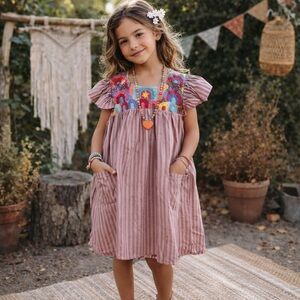 Folklore Striped Girls Dress with Embroidered Collar Size 8